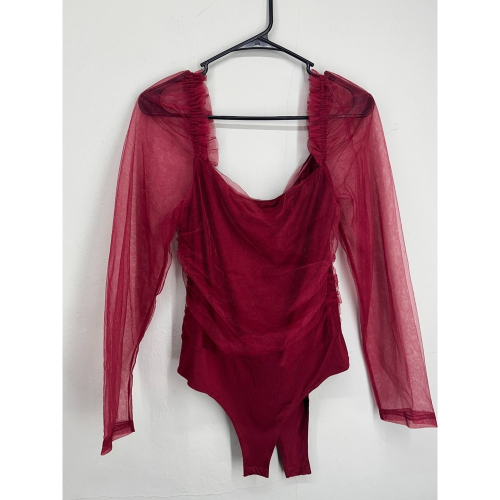 Lulus Mesh Bodysuit Womens LARGE Red Stretch Ruched Long Sleeve Square Neck